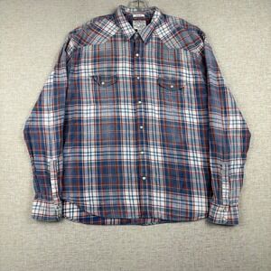 Lucky Brand Mens XXL Pearl Snap Western Plaid Shirt Blue Red Classic Fit